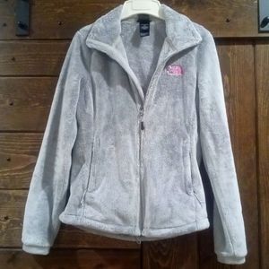 North Face jacket gray in color with pink logo.